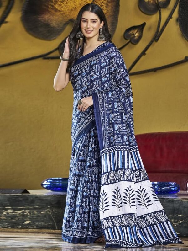 Satrani Women's Cotton Printed & Ready To Wear Saree with Unstitched Blouse Piece