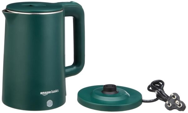 Amazon Basics 1.5L Cool Touch Electric Kettle | 1500 Watt | Stainless Steel Body | Auto Cut-Off | Triple Safety Protection (Green)