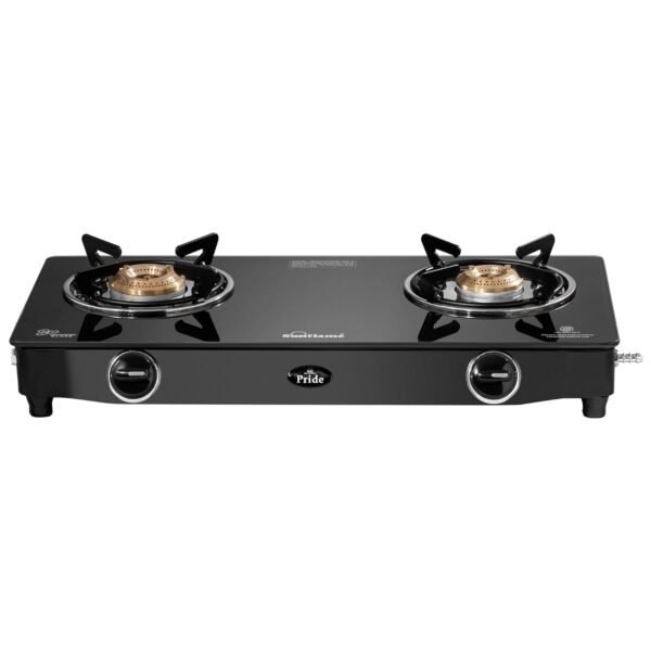 Sunflame Pride 2 Burner Gas Stove | 1 Medium and 1 Small Brass Burners | 2-Years Product Coverage by Sunflame | Ergonomic Knobs | Easy to Maintain l Toughened Glass Top | PAN India Presence| Black