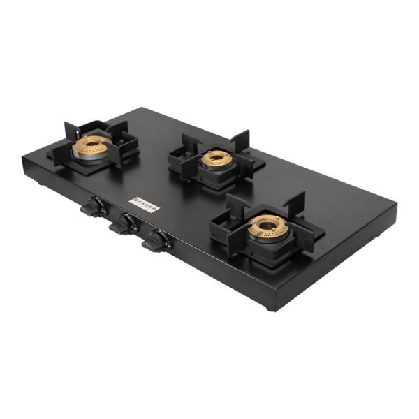 Faber Roma 3 Burner Gas Stove | 2.0.mm MS Frame Body with Diamond Coated Finish | 3 Brass Burners | Diamond Coated Pan Support & Drip Tray, Heat Resistant Metal Knobs, Manual Ignition, Black