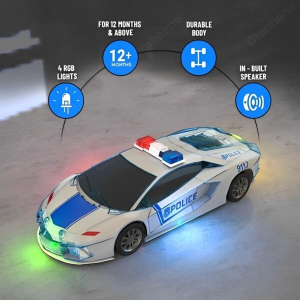 GRAPHENE Police Car with Lights, Music, and Friction Power - Super Speed, Colorful Dazzling Lights, and Siren Sound - Educational and Safe Kids' Toy (Pack of 1)