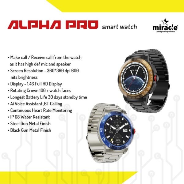 miracle digital Alpha Pro Premium Smartwatch,1.46” Super HD Display,360x360 Pix Resolution BT Calling, Voice Assist,460mAh Battery 30 Days Battery Life,IPX68 Water Proof (Silver Stainless Steel Belt)