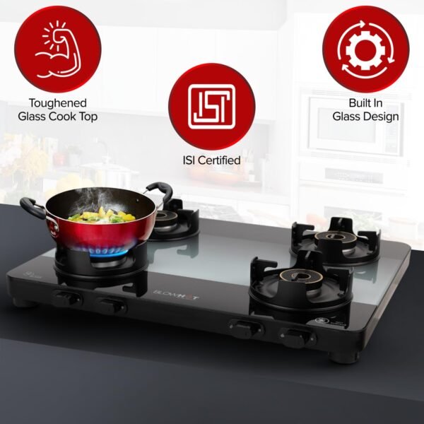 BLOWHOT Premium Sapphire Design 4 Burner Cooktop, ISI certified, Manual Slimmest Gas Stove, Built-in Dual Color Glass Top, 5 Year Warranty By Blowhot By Blowhot on Burner, Gas stove Valve and Glass