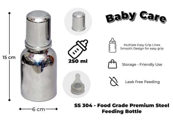 sunlife - BabyCare Stainless Steel Infant Baby Feeding Bottle | Milk Bottle for New Born Baby - Capacity 250 ml - Joint Less 304 Grade, BPA Free (Silver) (BabyCare 250ml)