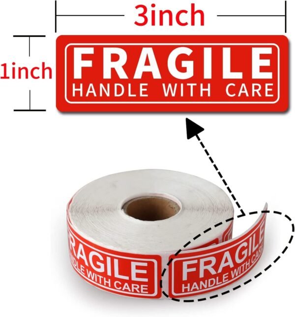 True-Ally 1 Roll Fragile Stickers - 3"x 1" Strong Adhesive Red Fragile Labels Handle with Care Warning Stickers for Shipping Packing of Goods and Moving (1 Roll - 1000 Sticker)