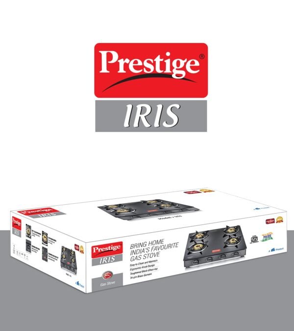 Prestige IRIS Toughened Glass-Top 4 Brass Burner Gas Stove | Black | Powder Coated Body | Ergonomic Knob | Tri-Pin brass Burners |Open