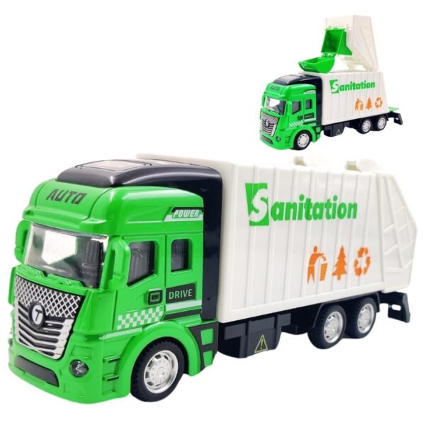 PLUSPOINT Die Cast Metal Garbage Truck Pull Back Action City Service Waste Management Truck with Trash Bin Recycling Garbage Sanitation Truck Toys for Kids Boys (Garbage Van)