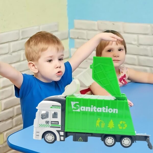 PLUSPOINT Die Cast Metal Garbage Truck Pull Back Action City Service Waste Management Truck with Trash Bin Recycling Garbage Sanitation Truck Toys for Kids Boys (Garbage Van)