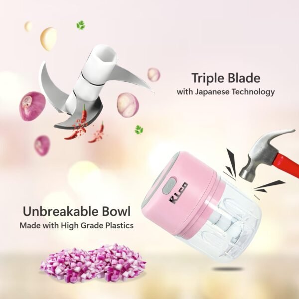Rico 250ml Mini Electric Rechargeable Wireless Chopper made with Japanese Technology | 1 Year Replacement Warranty | Unbreakable Bowl | 10 Seconds for Mincing Garlic, Onion, Vegetable, Meat (Pink)