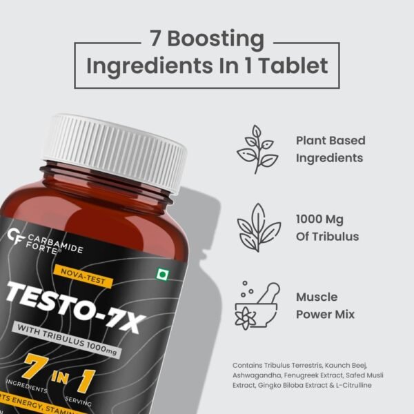 Carbamide Forte Testosterone Supplement for Men with Pre-Workout Tribulus 1000mg, Ashwagandha, L-Citrulline & Kaunch Beej – 60 Veg Tablets