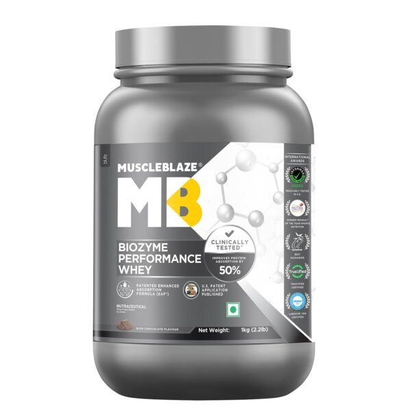 Muscleblaze Biozyme Performance Whey Protein (Rich Chocolate, 1 Kg / 2.2 Lb) | Clinically Tested 50% Higher Protein Absorption | Informed Choice Uk, Labdoor Usa Certified & Us Patent Filed Eaf.