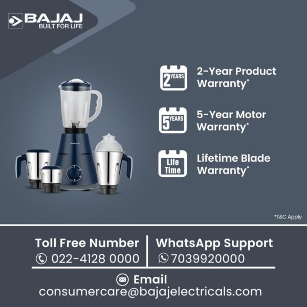 Bajaj Ninja Series Trinity Mixer Grinder 750 Watts 4 Jar|Duracut Blades|Powerful 750W Titan Motor|Floating Base Design|3 Stainless Steel Mixer Jars & 1 Juicer Jar|5-Yr Warranty|Royal Blue
