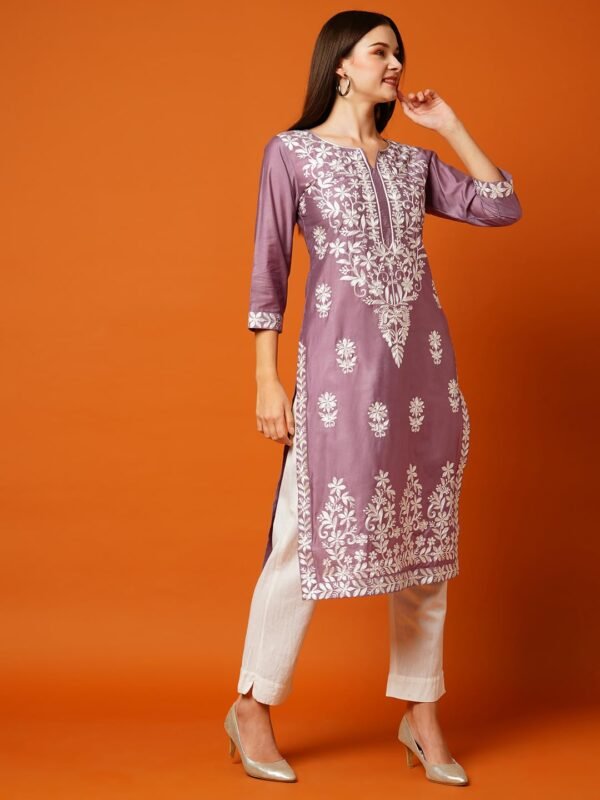 GoSriKi Women's Cotton Blend Straight Chikankari Embroidered Kurta
