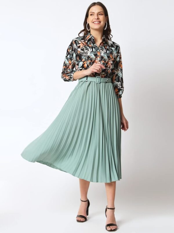 OTABU Women's Print 3/4 Sleeve Pleated Midi Dress with Belt