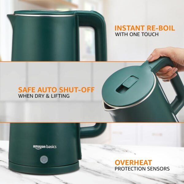 Amazon Basics 1.5L Cool Touch Electric Kettle | 1500 Watt | Stainless Steel Body | Auto Cut-Off | Triple Safety Protection (Green)