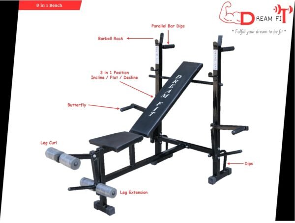 DREAM FIT 8in1 Multipurpose Gym Bench for Home Workout - Exercise Bench for bench press, dumbbell press, sit ups, crunches, barbell press, push ups, dips, leg pully, dumbbell fly, and many more