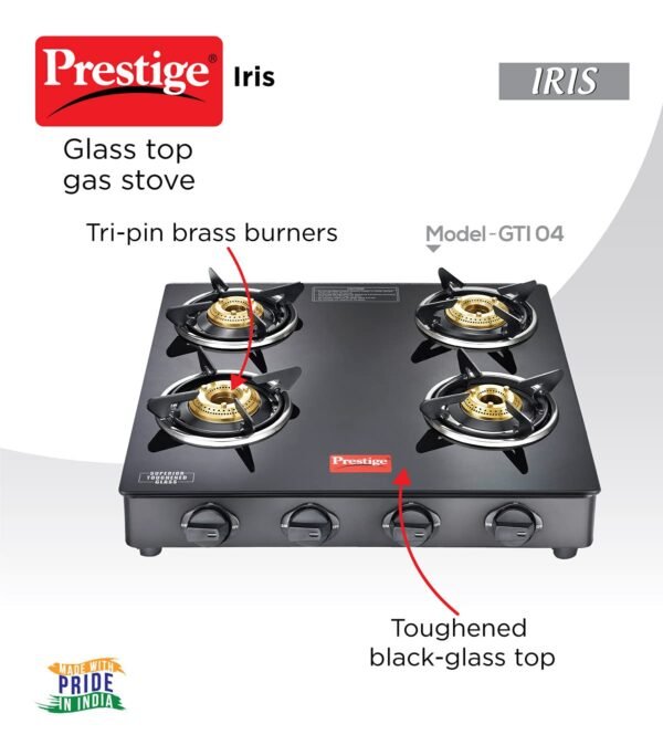 Prestige IRIS Toughened Glass-Top 4 Brass Burner Gas Stove | Black | Powder Coated Body | Ergonomic Knob | Tri-Pin brass Burners |Open