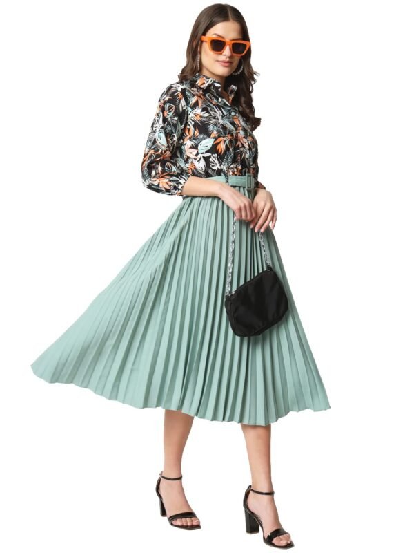 OTABU Women's Print 3/4 Sleeve Pleated Midi Dress with Belt