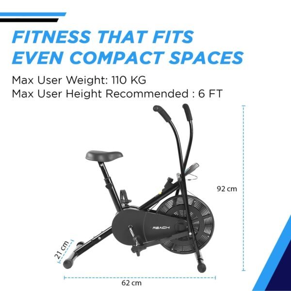 Reach AB 110 Upright Air Bike with Moving/Stationary Handle | Adjustable Resistance with Cushioned Seat | Max User Weight 110 Kg | Exercise Fitness Cycle | Cardio Equipment Machine | Home Gym Workout