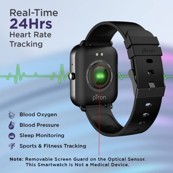 pTron Force X11 Bluetooth Calling Smartwatch with 1.7" Full Touch Color Display, Real 24/7 Heart Rate Tracking, Multiple Watch Faces, 7Days Runtime, Health/Fitness Trackers & IP68 Waterproof (Black)
