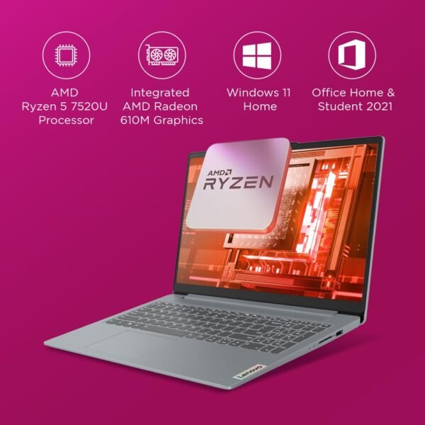 Lenovo Ideapad Slim 3 AMD Ryzen 5 7520U 15.6" (39.6Cm) FHD Thin and Light Laptop (16Gb/512GB SSD/Win 11/Office 2021/Backlit Keyboard/Alexa Built-in/3 Month Game Pass/Arctic Grey/1.62Kg), 82XQ008VIN