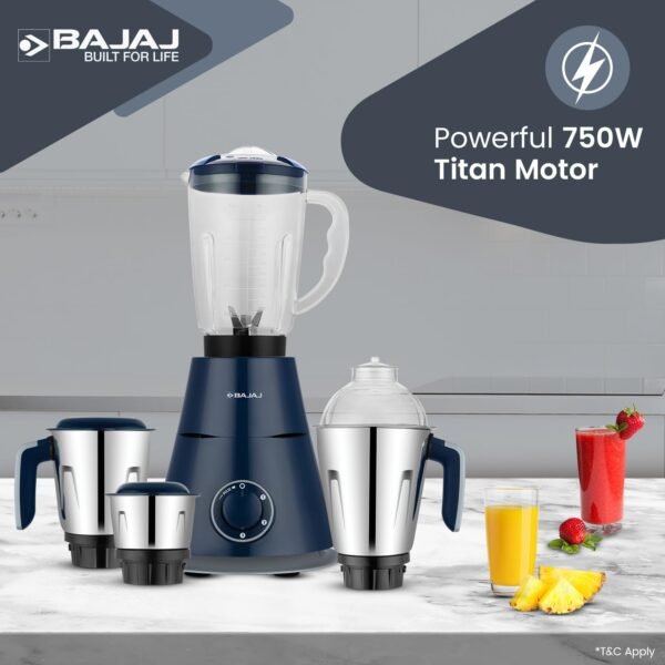 Bajaj Ninja Series Trinity Mixer Grinder 750 Watts 4 Jar|Duracut Blades|Powerful 750W Titan Motor|Floating Base Design|3 Stainless Steel Mixer Jars & 1 Juicer Jar|5-Yr Warranty|Royal Blue