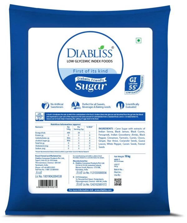Diabliss Diabetic Friendly Herbal Cane Sugar - Free from Chemicals Artificial Sweetener Natural Health and Wellness - Low Glycemic Index (GI) - 10Kg Institutional Bulk Pack