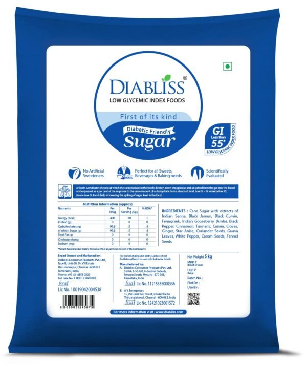 Diabliss Diabetic Friendly Herbal Cane Sugar - Free from Chemicals Artificial Sweetener Natural Health and Wellness -LOW GI Sugar 5kg bag.