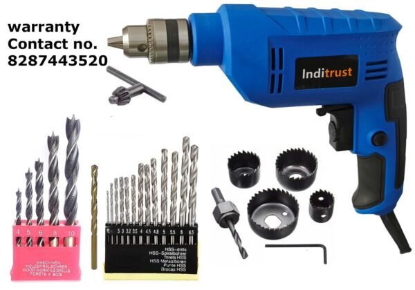 Inditrust New 6 Month Warranty 10mm Reversible Electric drill machine 450 W with 1pc Masonry 5pc Wood 6pc Hole saw 13pc HSS Woo Drill bit set (Pack of 5) Pistol Grip Drill (BLUE) 100% Copper Winding