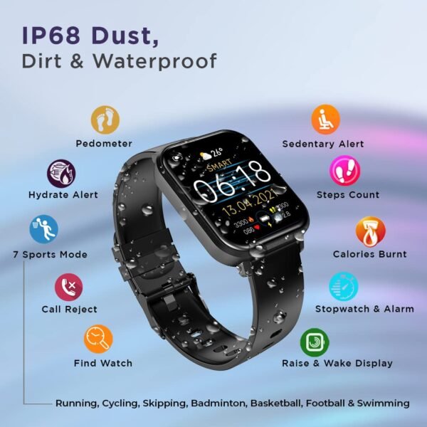 pTron Force X11 Bluetooth Calling Smartwatch with 1.7" Full Touch Color Display, Real 24/7 Heart Rate Tracking, Multiple Watch Faces, 7Days Runtime, Health/Fitness Trackers & IP68 Waterproof (Black)