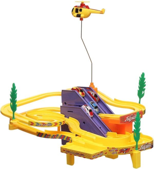 Toyshine Track Racer Racing Car Set with 4 Miniature Cars Rotating Helicopter Toy for 3-5 Year Boys Girls Kids Vehicle Toy Parking Set Game Ramp Toy