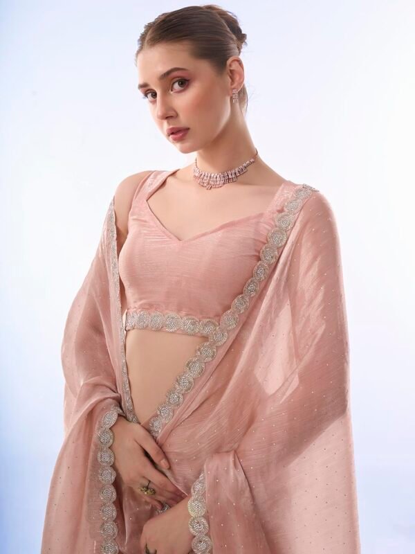 ORHANS Women's Chiffon All Over Fix Diamond & Lace Work Saree With Art Silk Matching Unstitched Blouse Piece