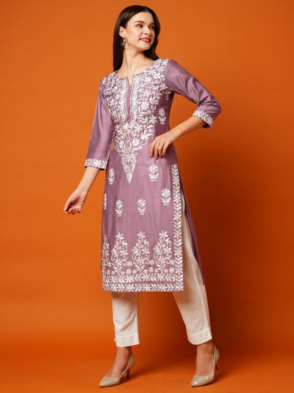 GoSriKi Women's Cotton Blend Straight Chikankari Embroidered Kurta