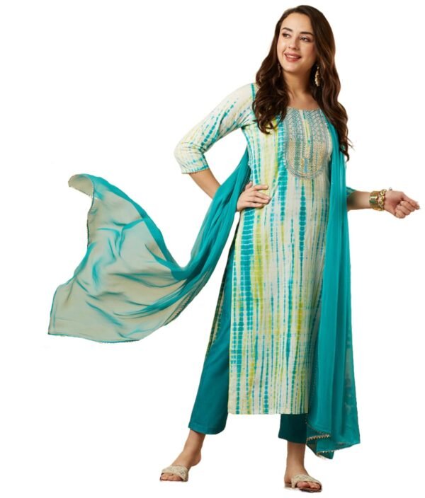 GoSriKi Women's Rayon Blend Straight Printed Kurta with Pant & Dupatta