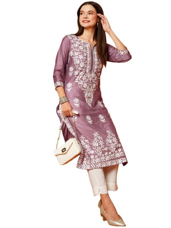 GoSriKi Women's Cotton Blend Straight Chikankari Embroidered Kurta