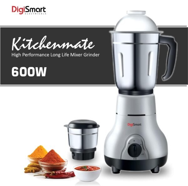 DigiSmart Kitchen Mate Powerful 600 Watt Mixer Grinder (Gray and Black) | 2 Jar | Comes With 2 Year Warranty (BLACK & GRAY)