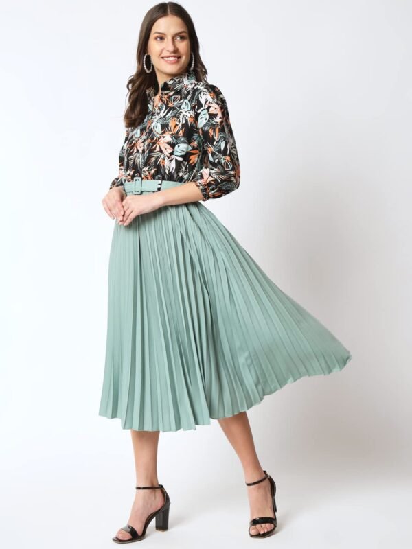 OTABU Women's Print 3/4 Sleeve Pleated Midi Dress with Belt
