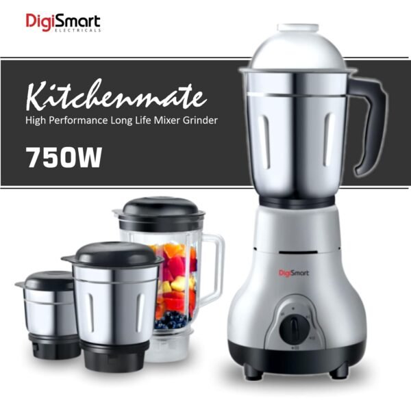 DigiSmart Kitchen Mate 750 Watt Mixer Grinder with 4 Jars Comes with 2 Year Warranty (Grey and Black)