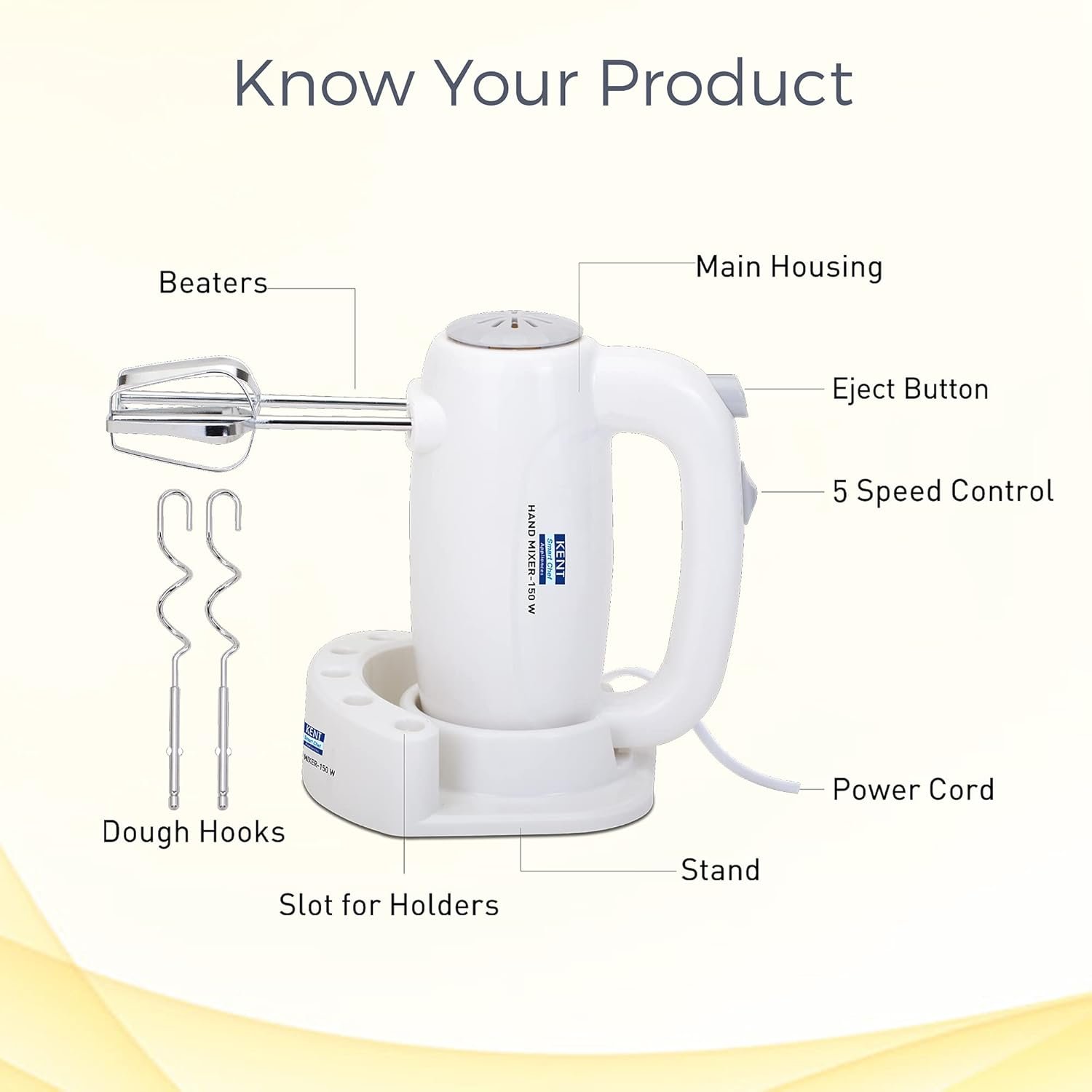 KENT 150W 16050, 5 Speed Control, Copper Motor, Multiple Beaters, Overheating Protection, Food Grade Plastic Body Hand Blender (White)