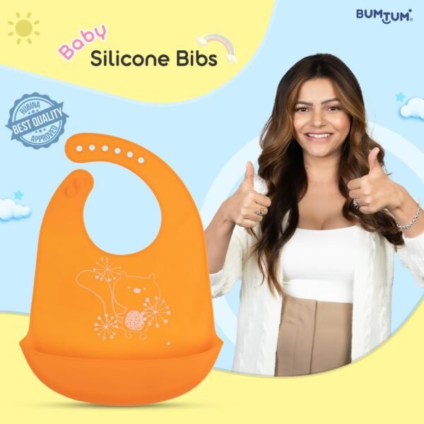 BUMTUM Baby Siliconebibs | Baby Bib for Feeding & Weaning Babies & Toddlers | Waterproof, Washable & Reusable|Non Messy Easy Cleaning, Adjustable Neckline with Buttons(Orange)