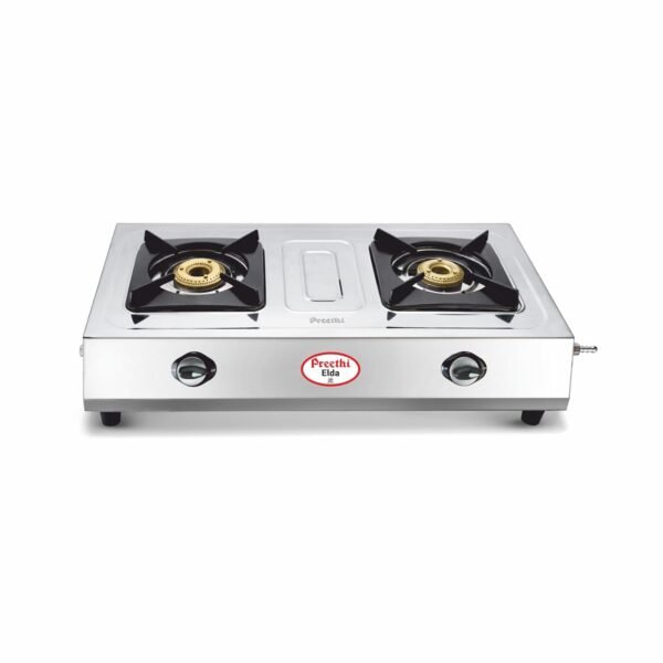 Preethi Elda Stainless Steel 2-Burner Glass Gas Stove (Silver, Manual)