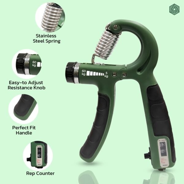 Boldfit Adjustable Hand Grip Strengthener, Hand Gripper With Counter for Men & Women for Gym Workout Hand Exercise Equipment for Forearm Exercise, Finger Exercise Power Gripper - Army Green - 60kg