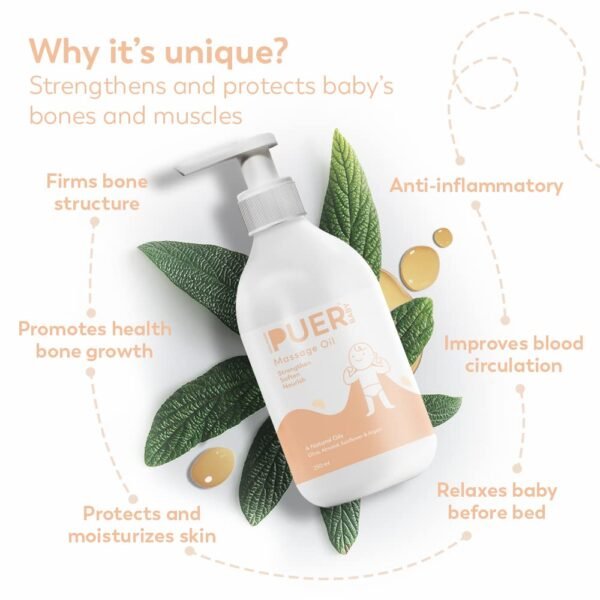 PUER Baby Massage Oil, 250 ml| Natural & Hypoallergenic| Improved muscle development| Dermatologically tested| Safest baby care| ECOCERT Certified