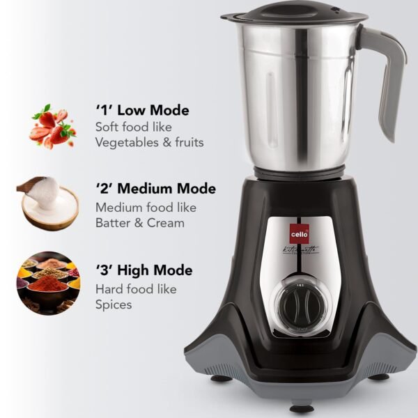 Cello Hercules Mixer Grinder 750W, Black- 2 Year Warranty (We Jar with Lid- 1.2 L; Dry Jar with Lid- 1L; Chuntney Jar with Lid- 500ml; Juicer Jar Capacity- 1500ml; Spatula)