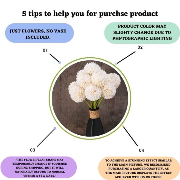 SATYAM KRAFT 5 Pcs Artificial Chrysanthemum Hydrangea Ball Flower Stick for Home Decor, Office, Bedroom, Balcony, Diwali, Living Room, Deepawali Decoration(Pack of 5)(Off White)(Without Vase Pot)