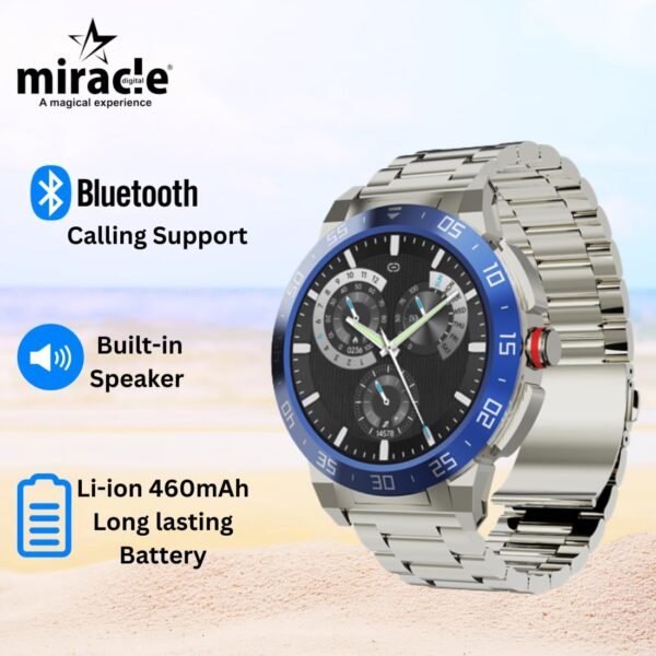 miracle digital Alpha Pro Premium Smartwatch,1.46” Super HD Display,360x360 Pix Resolution BT Calling, Voice Assist,460mAh Battery 30 Days Battery Life,IPX68 Water Proof (Silver Stainless Steel Belt)