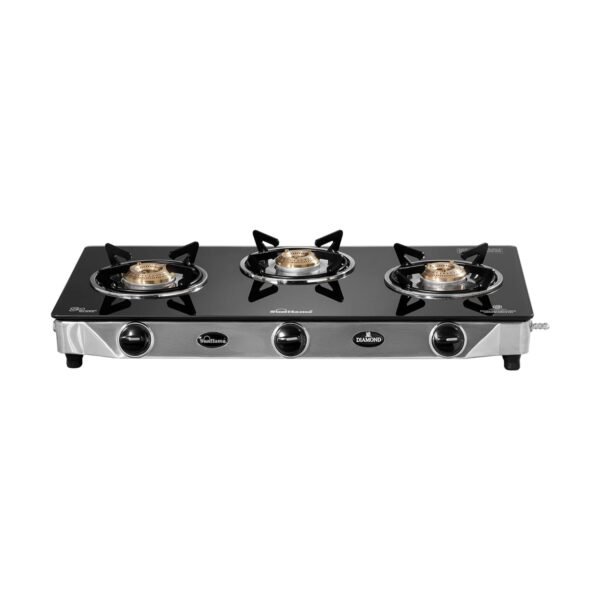 Sunflame Diamond 3 Burner Gas Stove | 2-Years Product Coverage by Sunflame | 1 Medium and 2 Small Brass Burners | Manual Ignition | Ergonomic Knobs | Toughened Glass Top | PAN India Presence