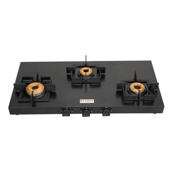 Faber Roma 3 Burner Gas Stove | 2.0.mm MS Frame Body with Diamond Coated Finish | 3 Brass Burners | Diamond Coated Pan Support & Drip Tray, Heat Resistant Metal Knobs, Manual Ignition, Black