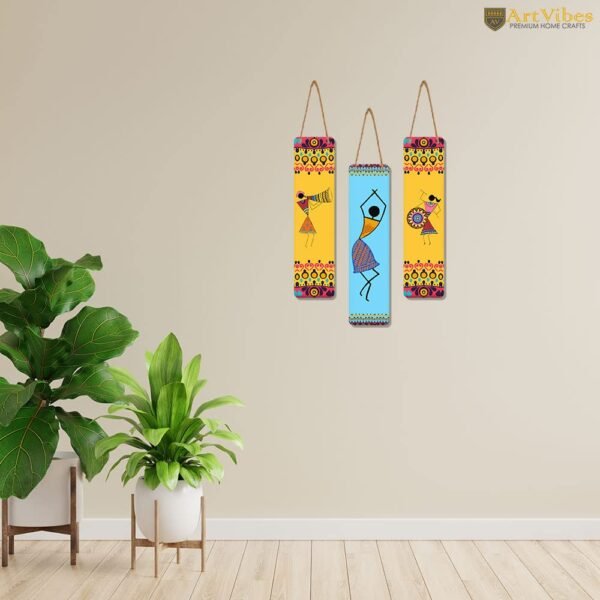 Artvibes African Warli Art Designer Wooden Wall Hanging Decoration Items for Home | Gifts | Bedroom | Wooden Wall Hanger | Mdf Wall Decoration for Living Room | Artworks (WH_8108N), Set of 3