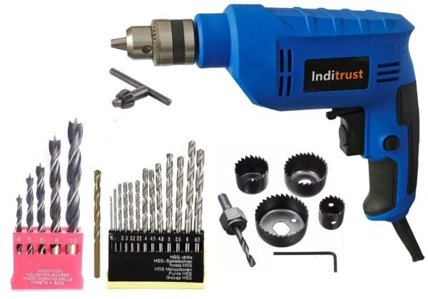Inditrust New 6 Month Warranty 10mm Reversible Electric drill machine 450 W with 1pc Masonry 5pc Wood 6pc Hole saw 13pc HSS Woo Drill bit set (Pack of 5) Pistol Grip Drill (BLUE) 100% Copper Winding